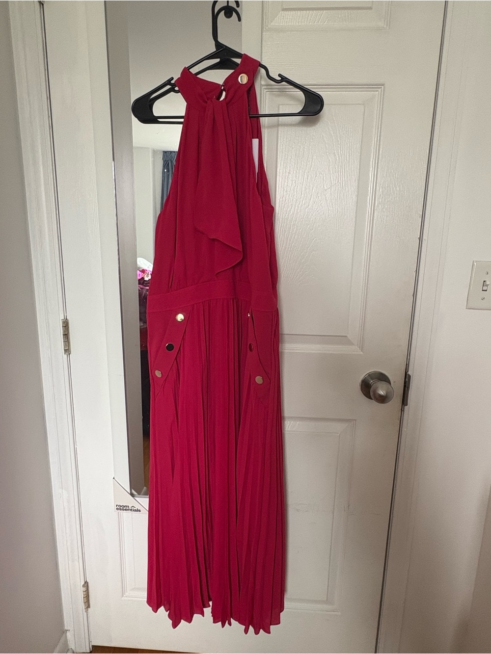 Reiss Red Halter Maxi Dress with Gold Buttons